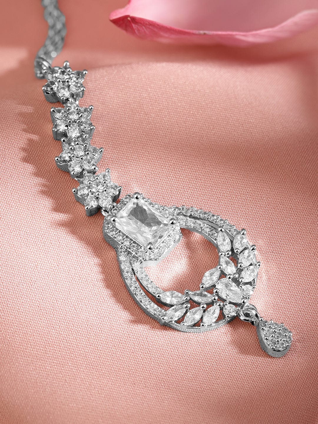 Rubans Rhodium Plated Cubic Zirconia Studded Maang Tikka Silver