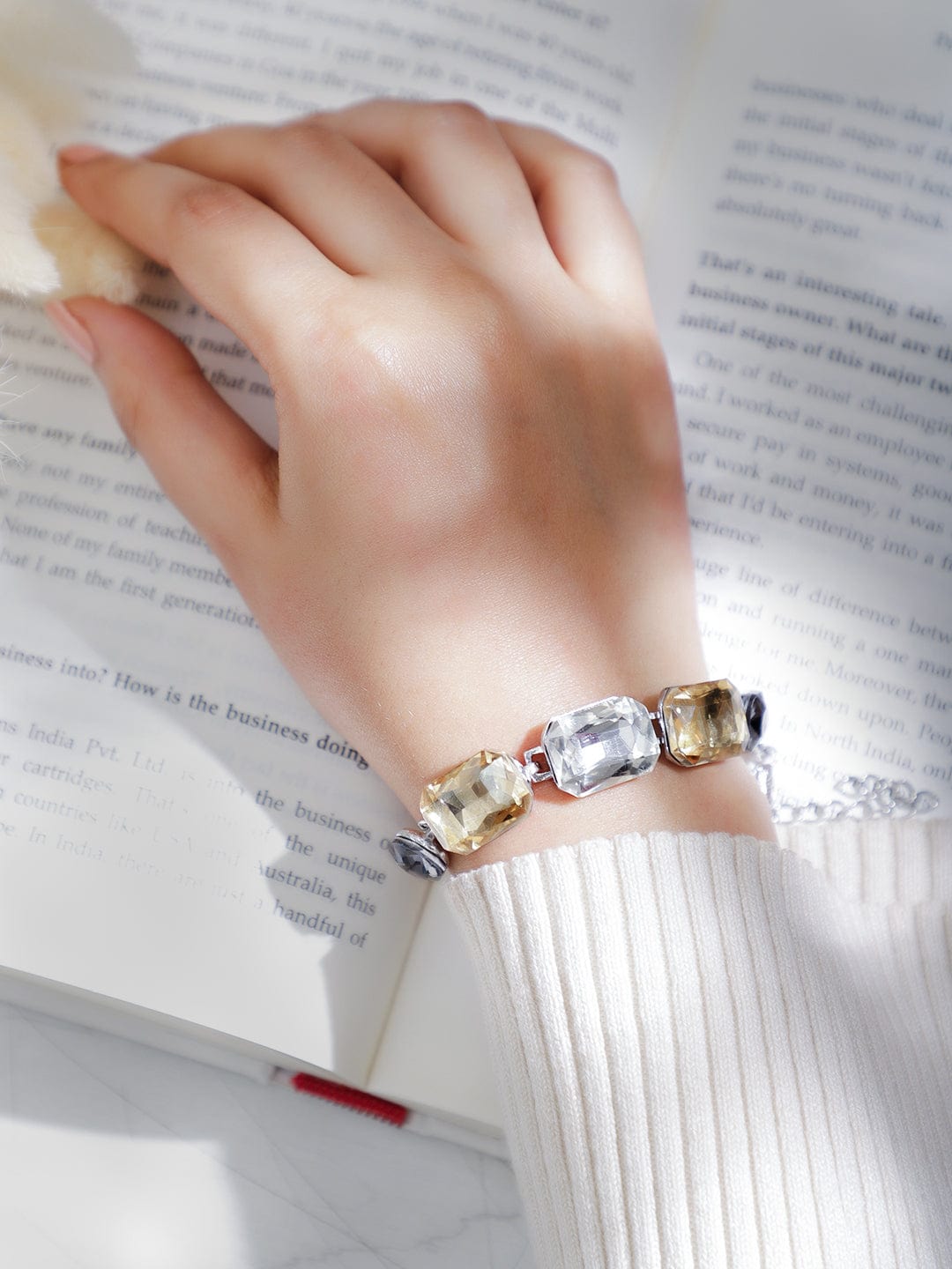Silver Toned Bracelet With Black & Champagne Crystals Silver