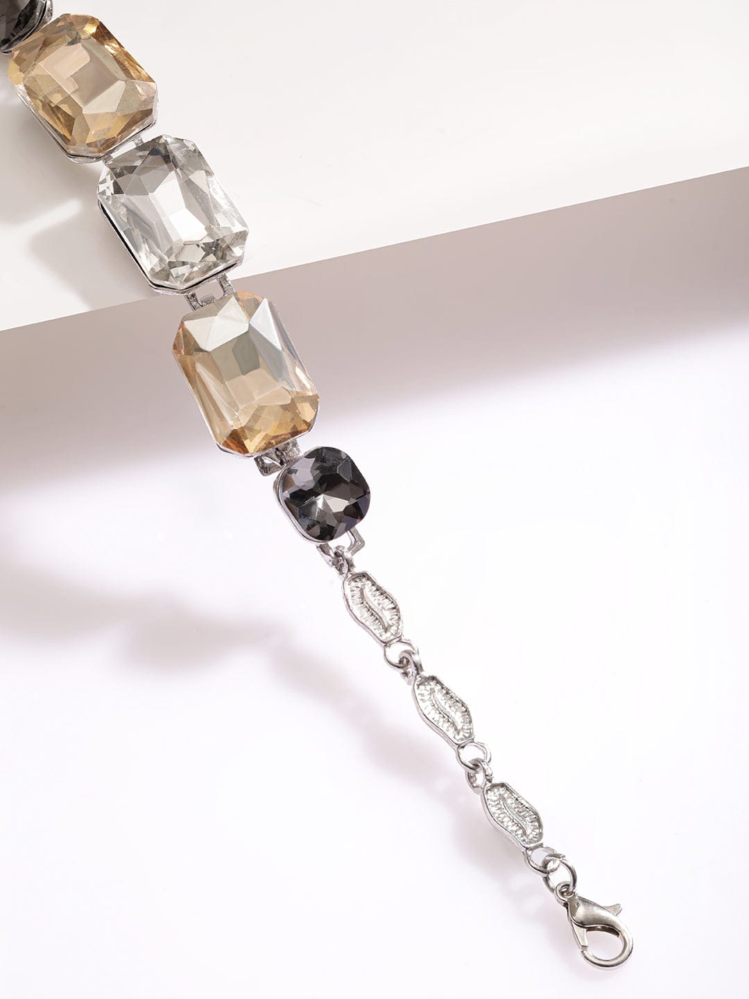 Silver Toned Bracelet With Black & Champagne Crystals Silver