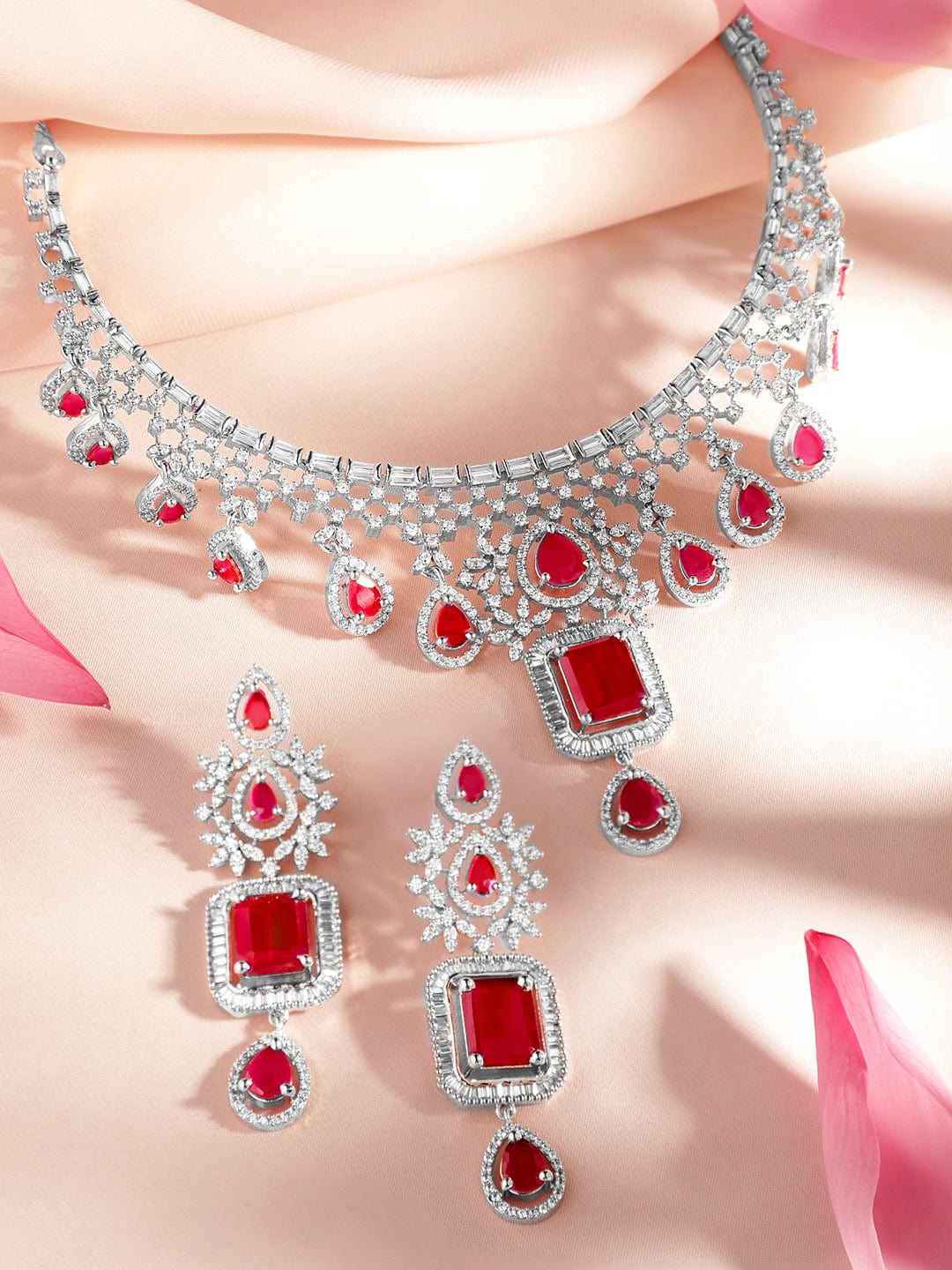 Ruby studded American Diamond Zirconia Necklace Set Silver