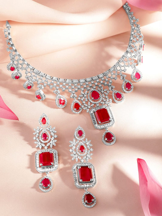 Ruby studded American Diamond Zirconia Necklace Set Silver