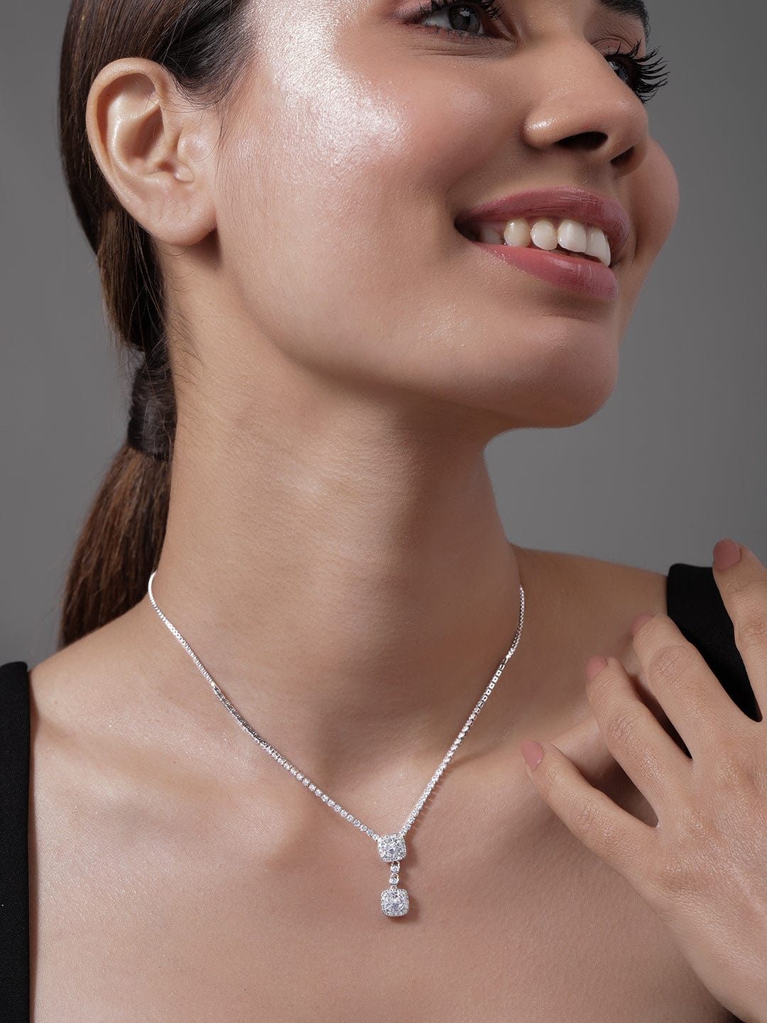 Elegant American Diamond Zirconia Studded Pendant Necklace Gold