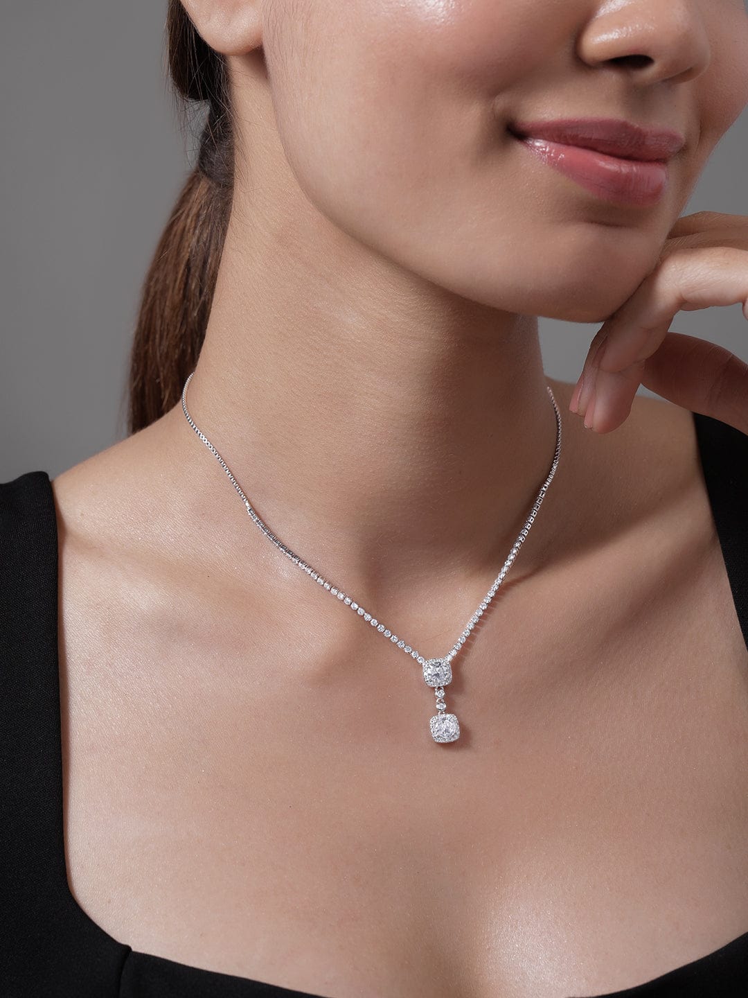 Elegant American Diamond Zirconia Studded Pendant Necklace Silver