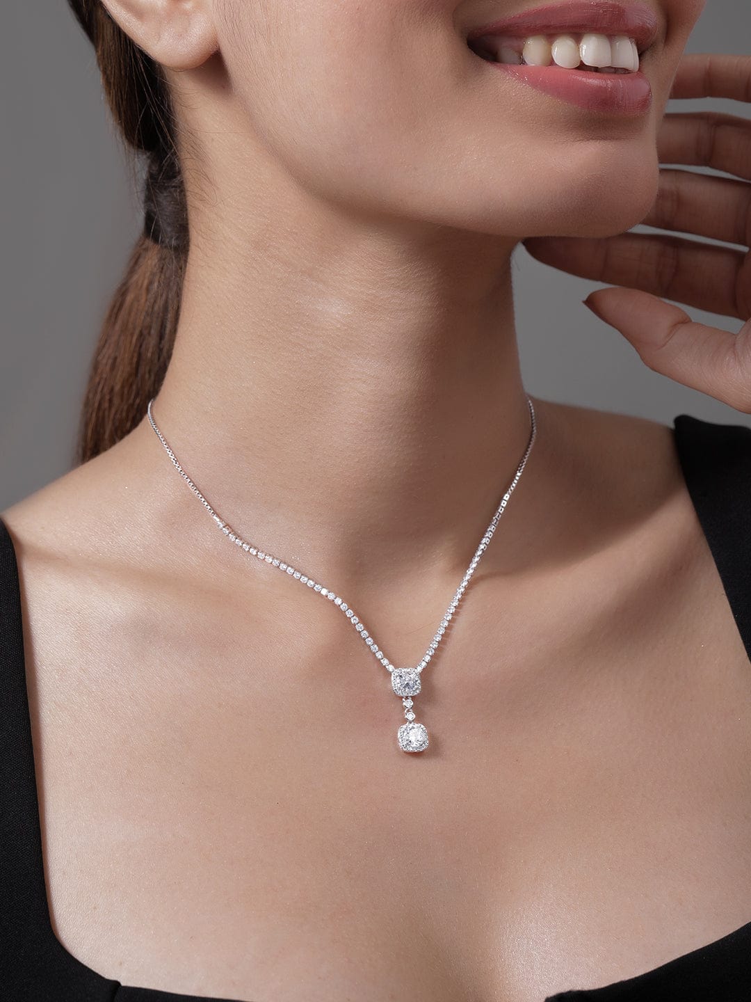 Elegant American Diamond Zirconia Studded Pendant Necklace Gold