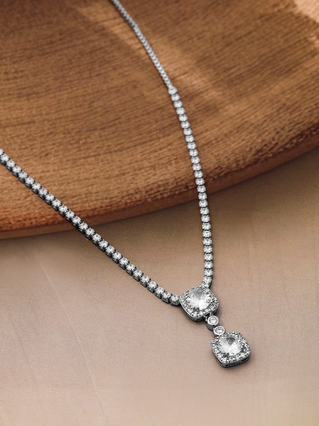 Elegant American Diamond Zirconia Studded Pendant Necklace Silver