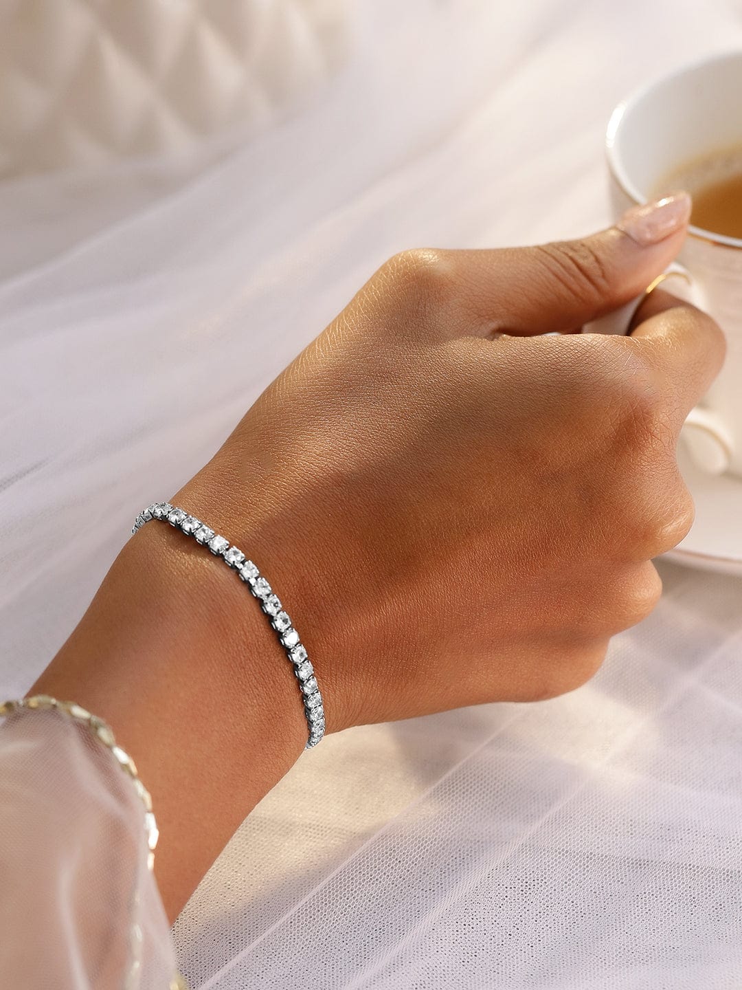 Rubans Rhodium-Plated Cubic Zirconia Studded Premium Tennis Bracelet Silver