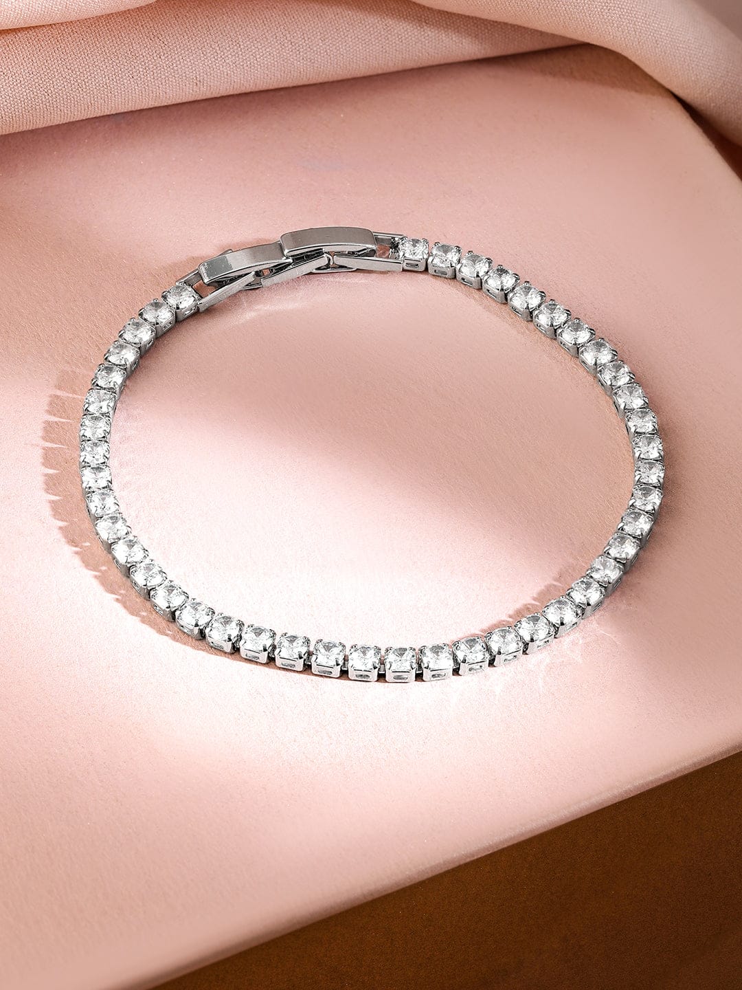 Rubans Rhodium-Plated Cubic Zirconia Studded Premium Tennis Bracelet Silver