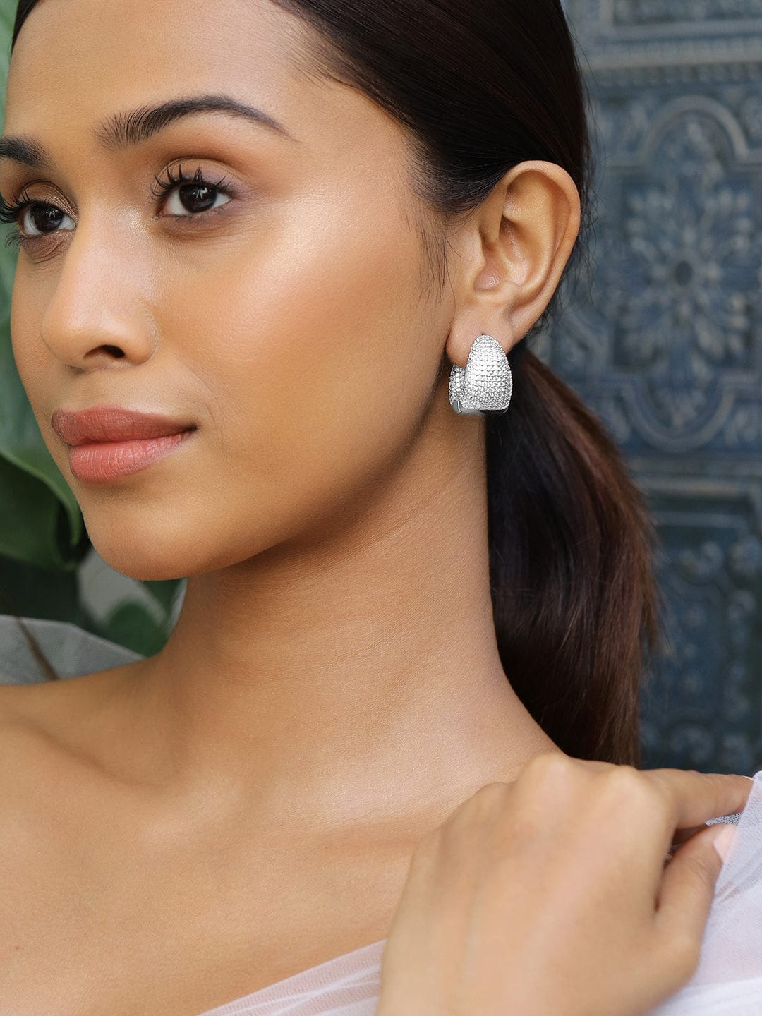 Opulent Shine American Diamond Zirconia Studded Hoops Silver