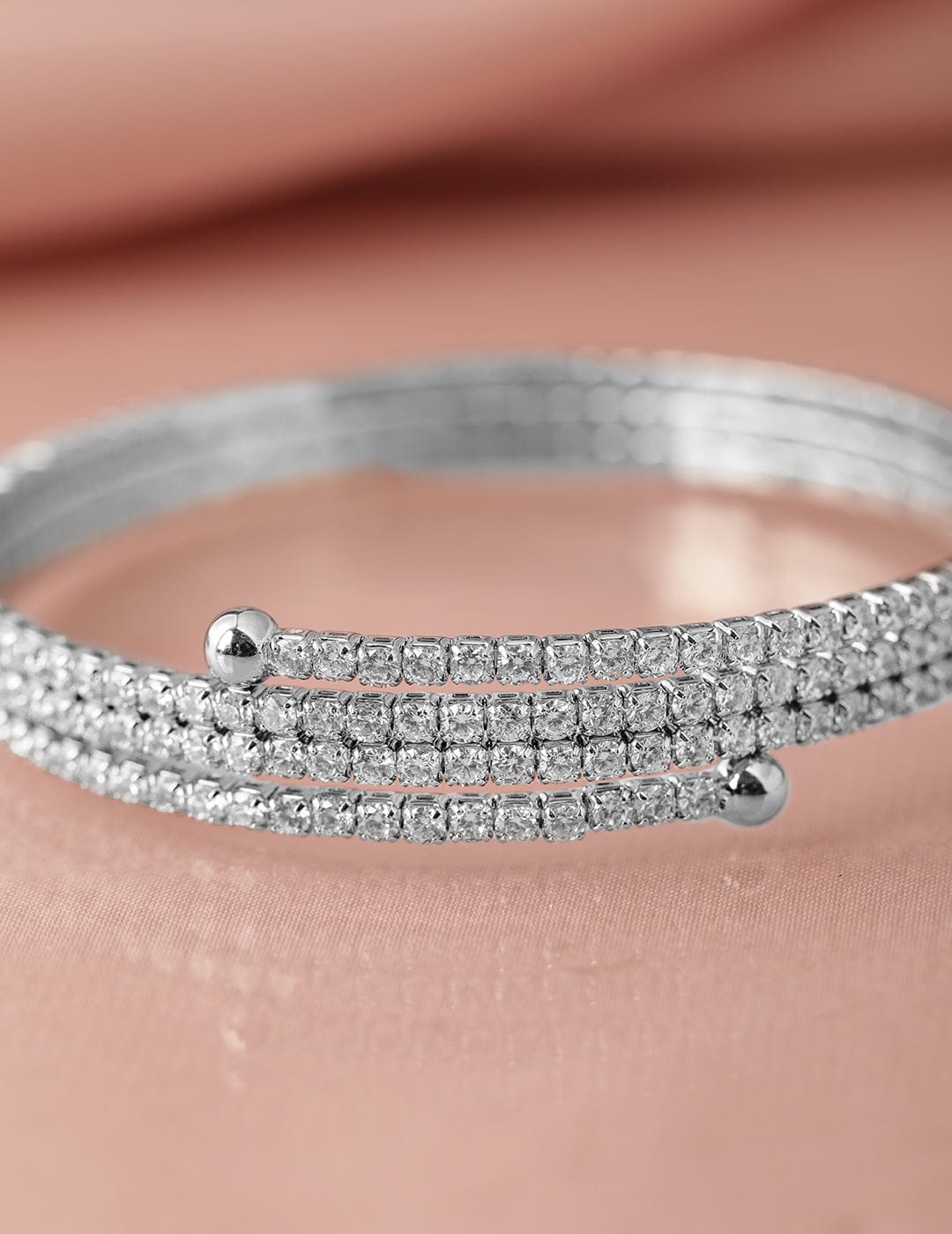 Rubans Rhodium-Plated Cubic Zirconia Studded Triple Line Bangle Style Bracelet Silver