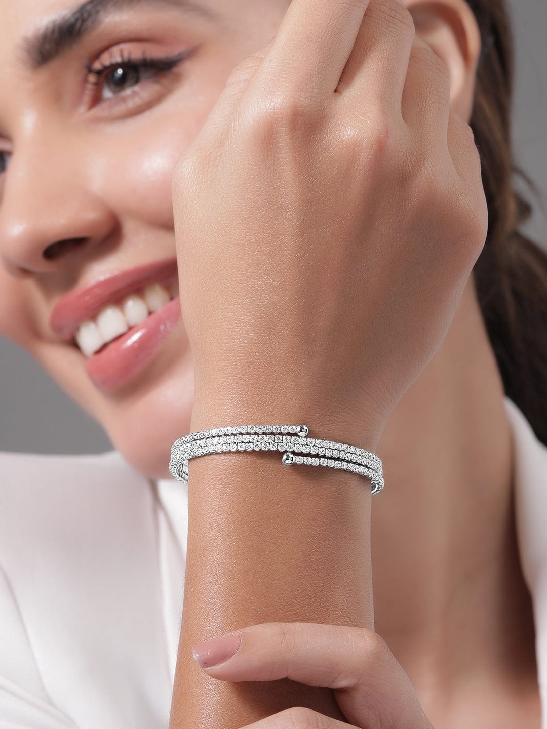 Rubans Rhodium-Plated Cubic Zirconia Studded Triple Line Bangle Style Bracelet Silver