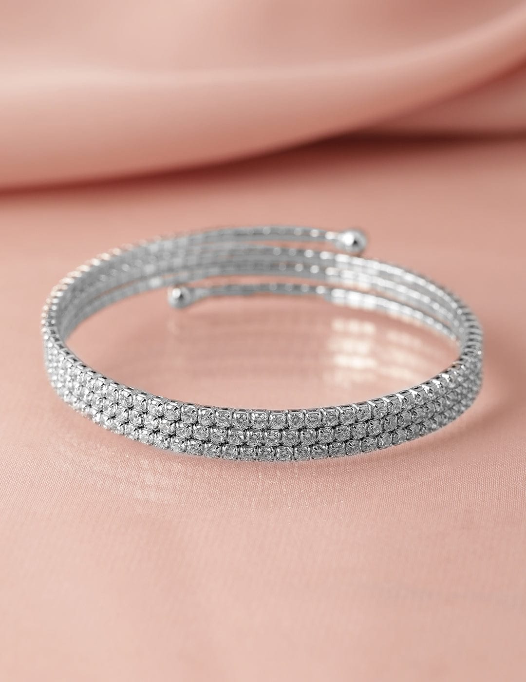 Rubans Rhodium-Plated Cubic Zirconia Studded Triple Line Bangle Style Bracelet Silver