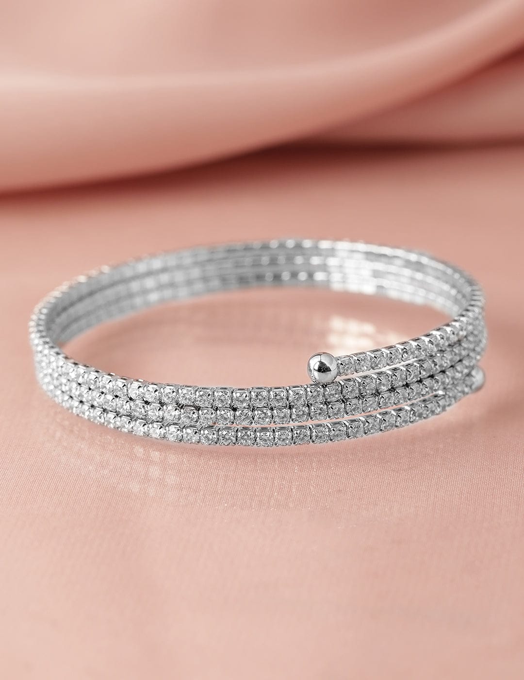 Rubans Rhodium-Plated Cubic Zirconia Studded Triple Line Bangle Style Bracelet Silver