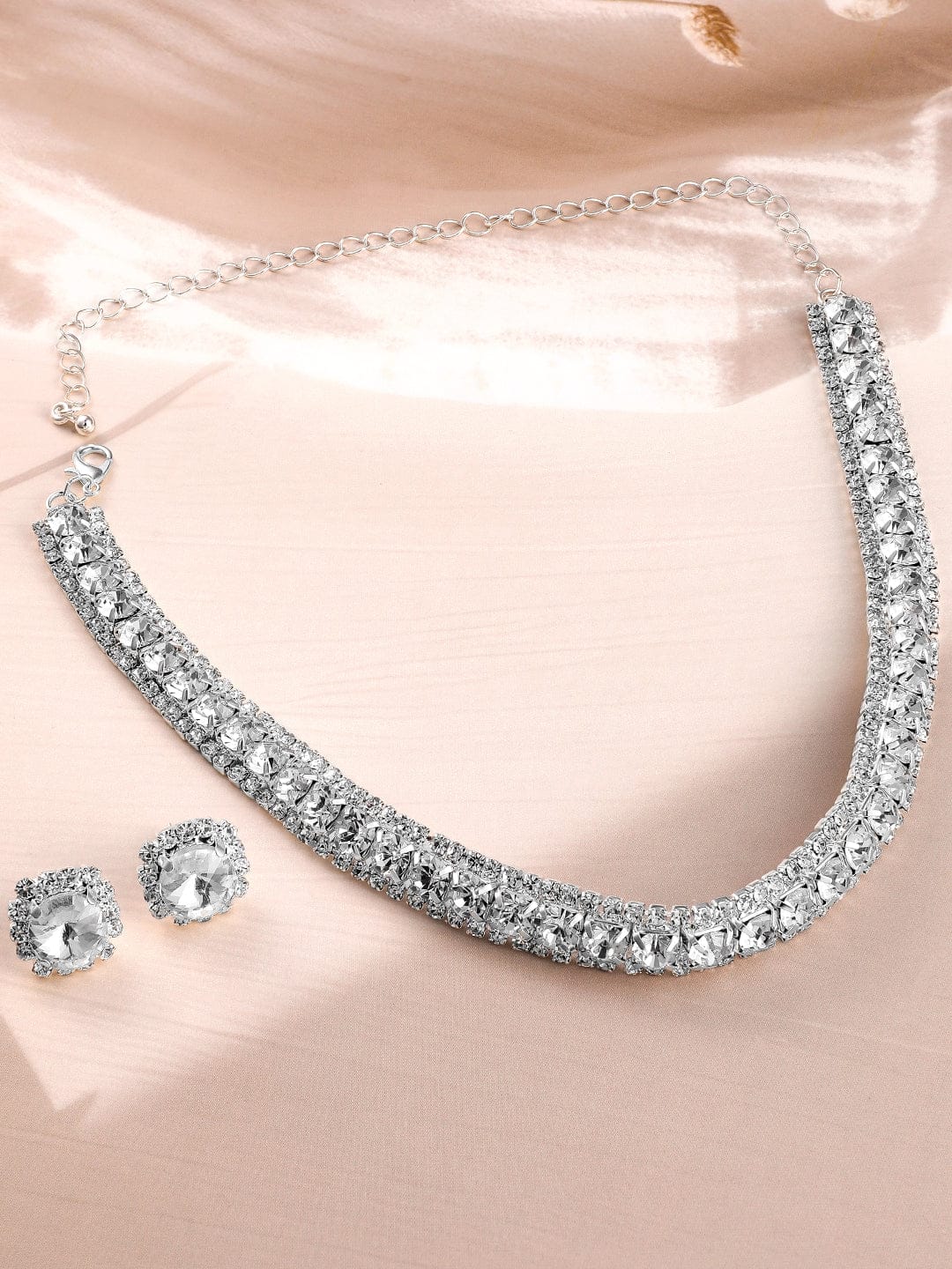 American Diamond Zirconia Crystal Studded Necklace Set Silver