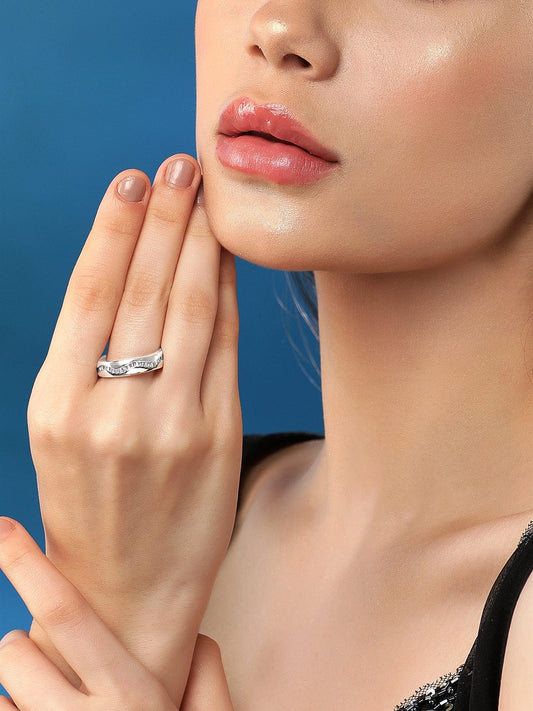Rubans Rhodium-Plated CZ-Studded Finger Ring Silver
