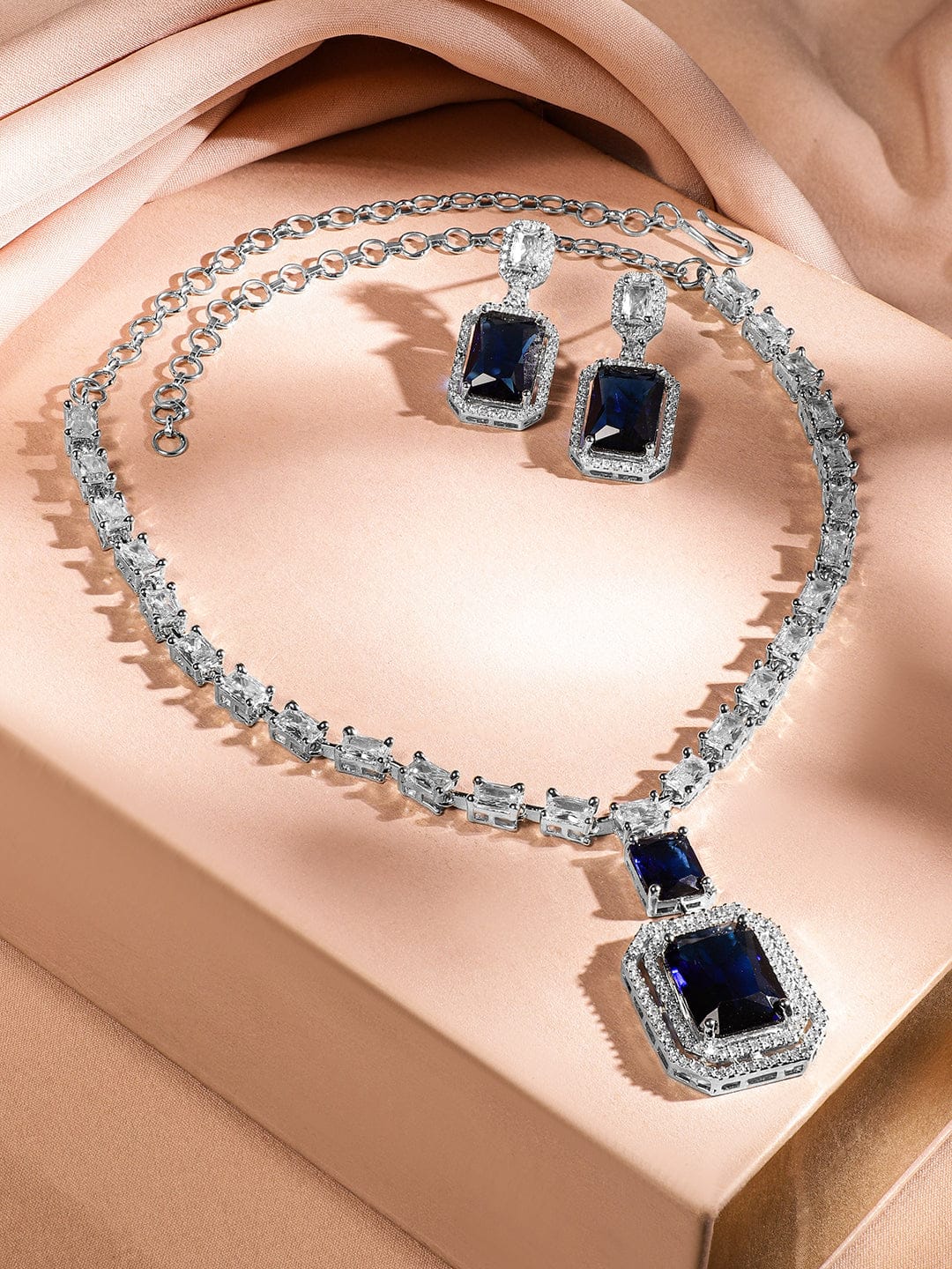 Blue American Diamond Zirconia Necklace Set Blue