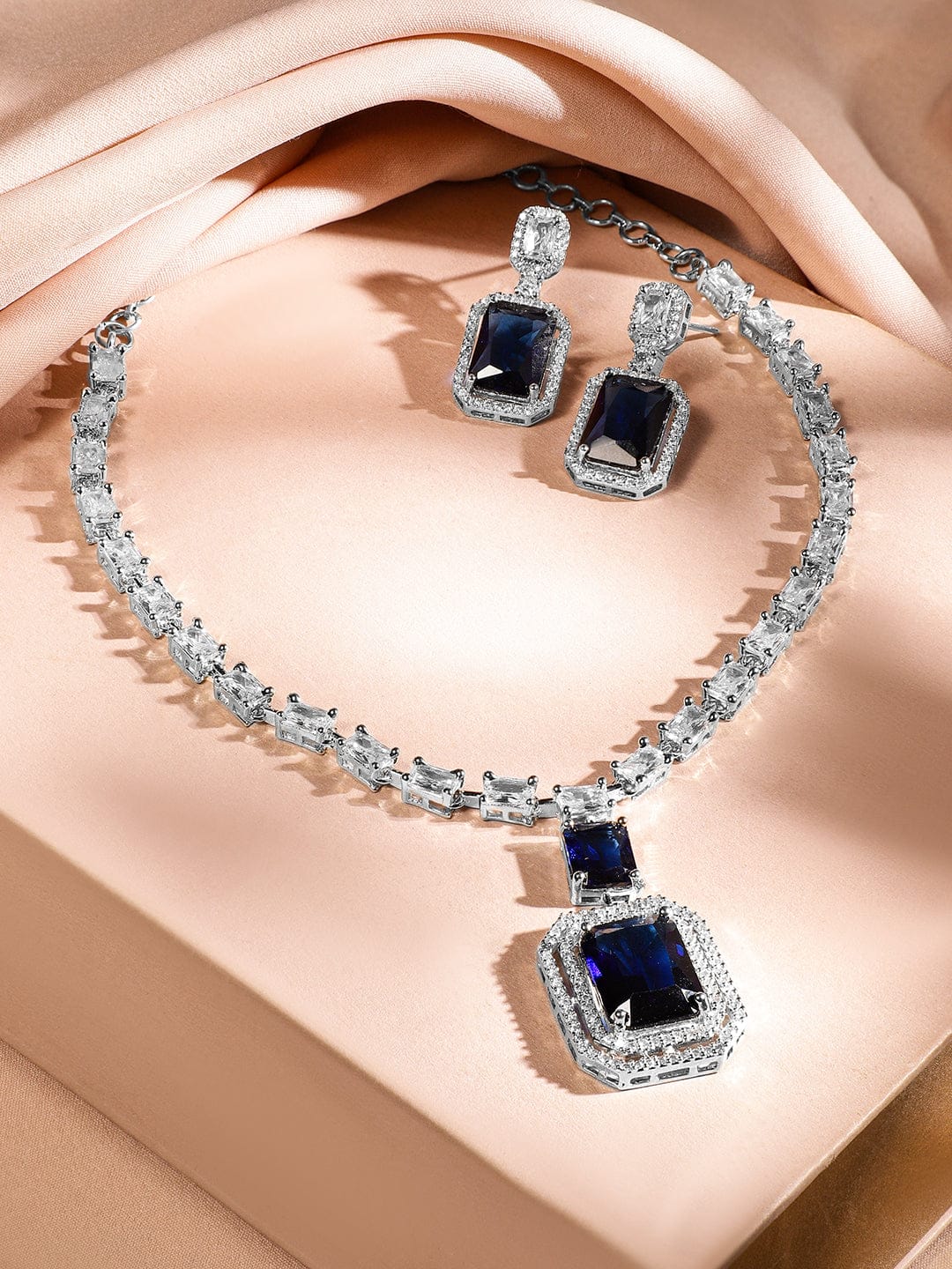 Blue American Diamond Zirconia Necklace Set Blue