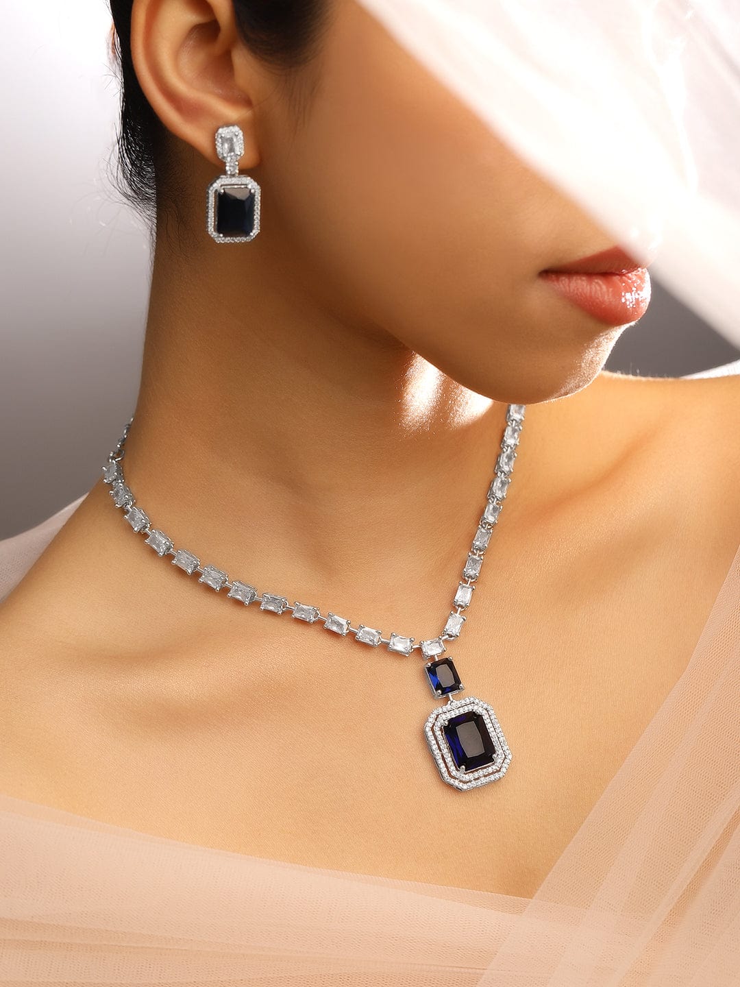 Blue American Diamond Zirconia Necklace Set Blue