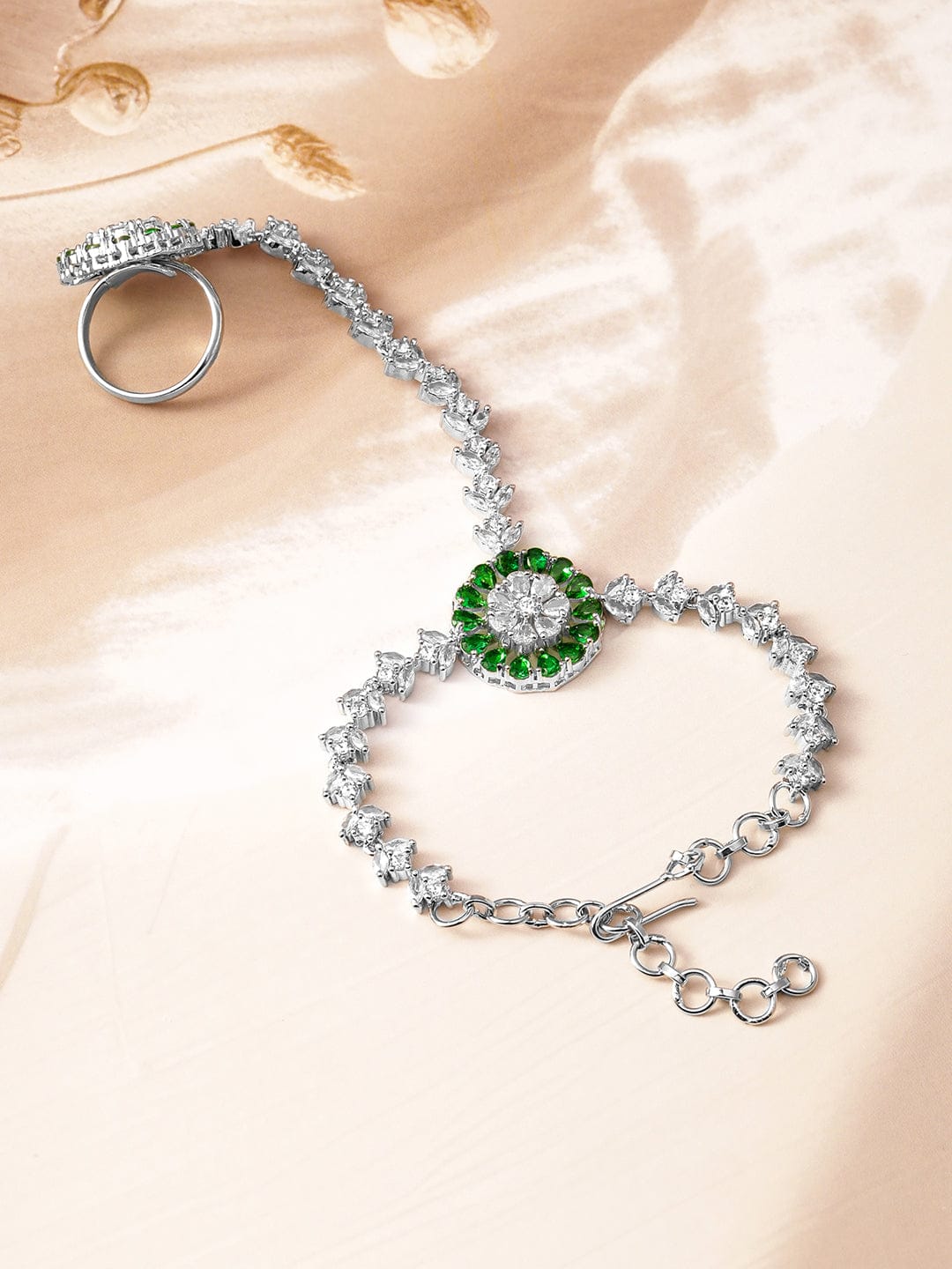 Rubans Rhodium-Plated Emerald & Cubic Zirconia Hand Harness Ring Bracelet Silver