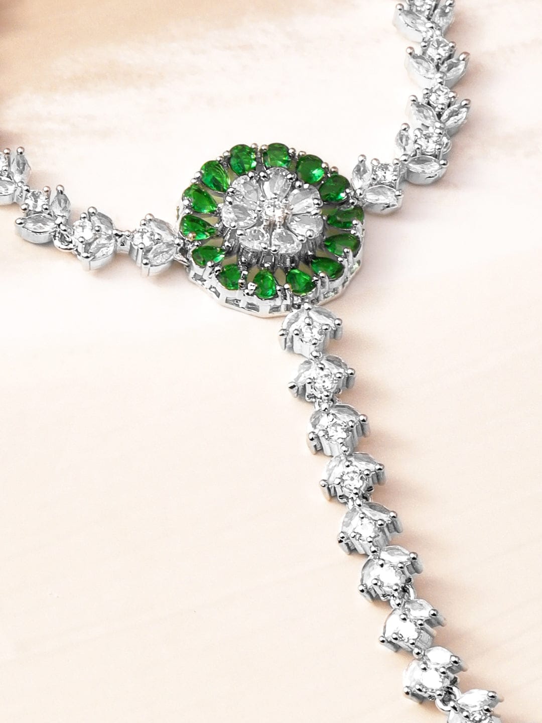 Rubans Rhodium-Plated Emerald & Cubic Zirconia Hand Harness Ring Bracelet Silver