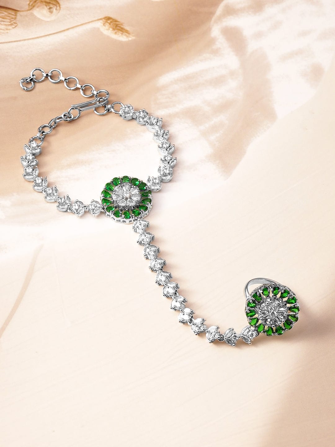 Rubans Rhodium-Plated Emerald & Cubic Zirconia Hand Harness Ring Bracelet Silver