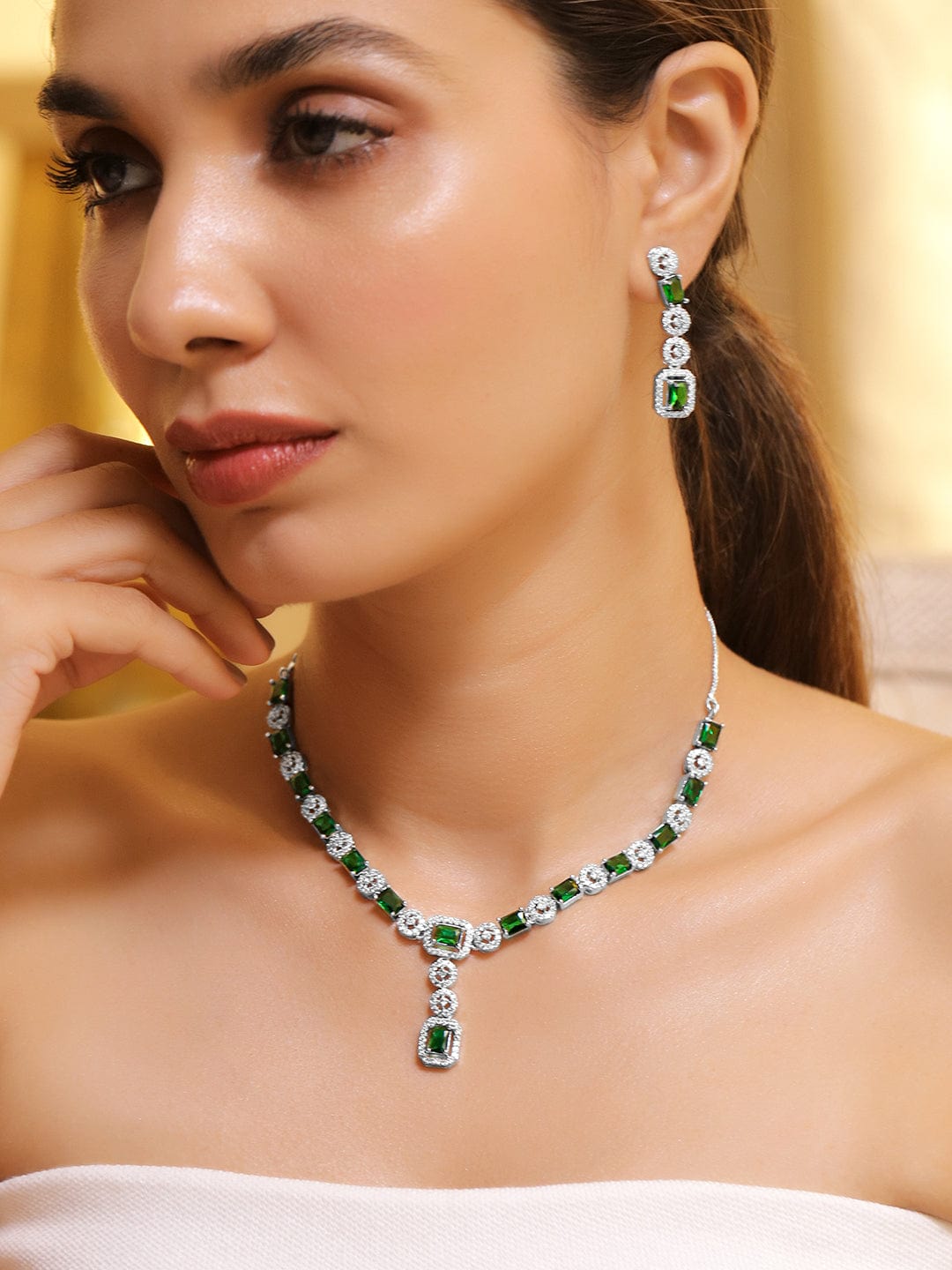 Green & White American Diamond Zirconia Necklace Set Silver