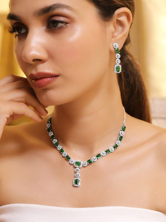 Green & White American Diamond Zirconia Necklace Set Silver