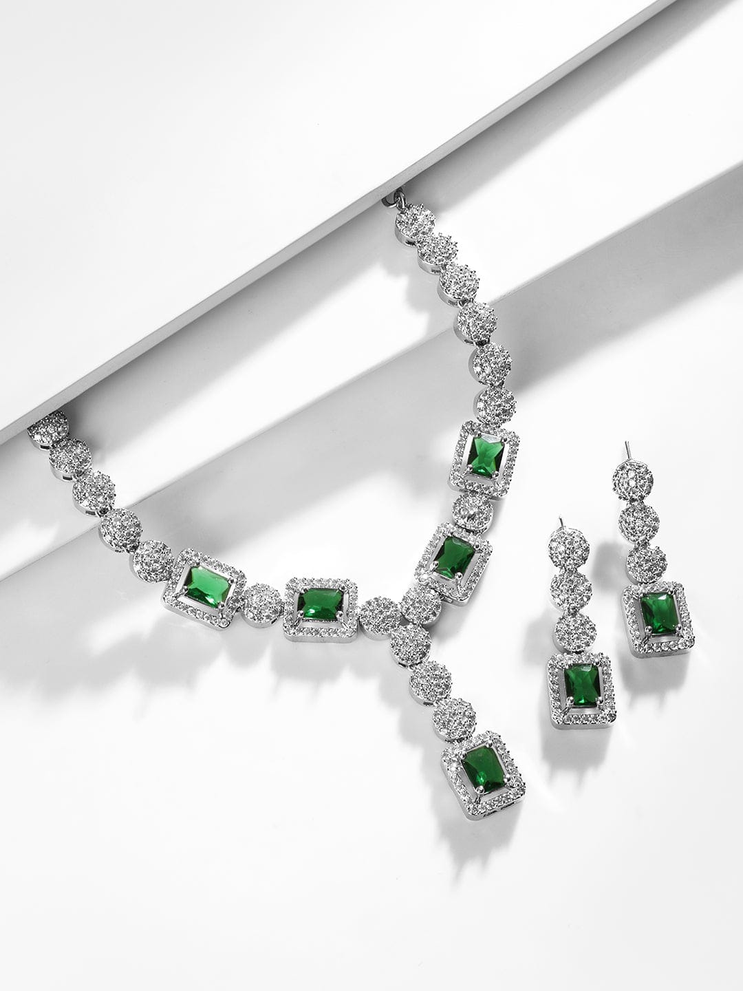 American Diamond Zirconia Emerald Cut Necklace Set Green