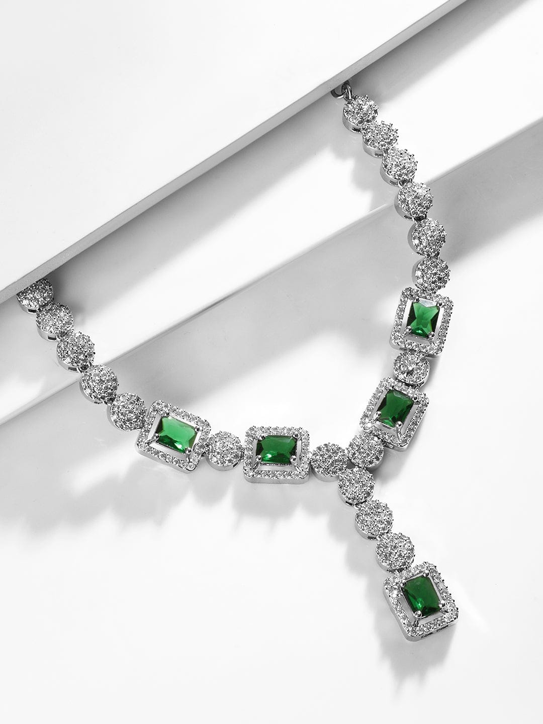 American Diamond Zirconia Emerald Cut Necklace Set Green