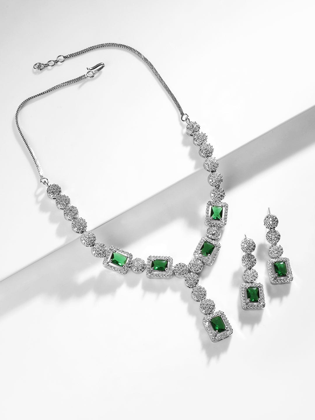 American Diamond Zirconia Emerald Cut Necklace Set Green