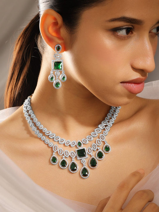 American Diamond Zirconia Layered Green Necklace Set フリーサイズ