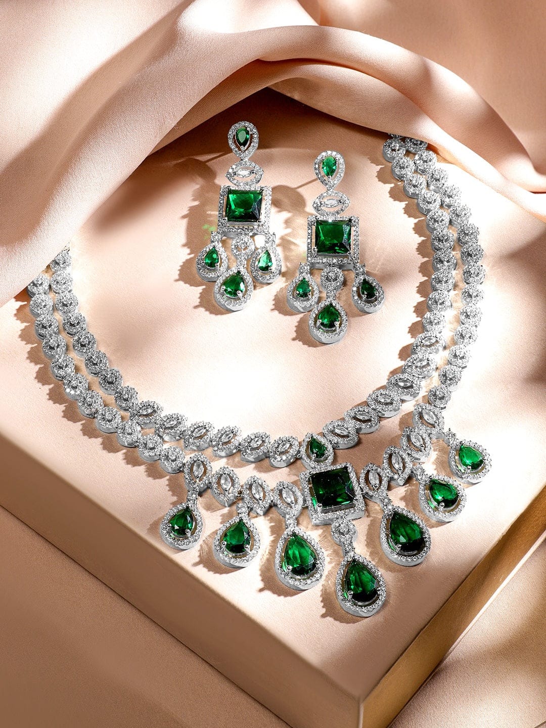 American Diamond Zirconia Layered Green Necklace Set フリーサイズ
