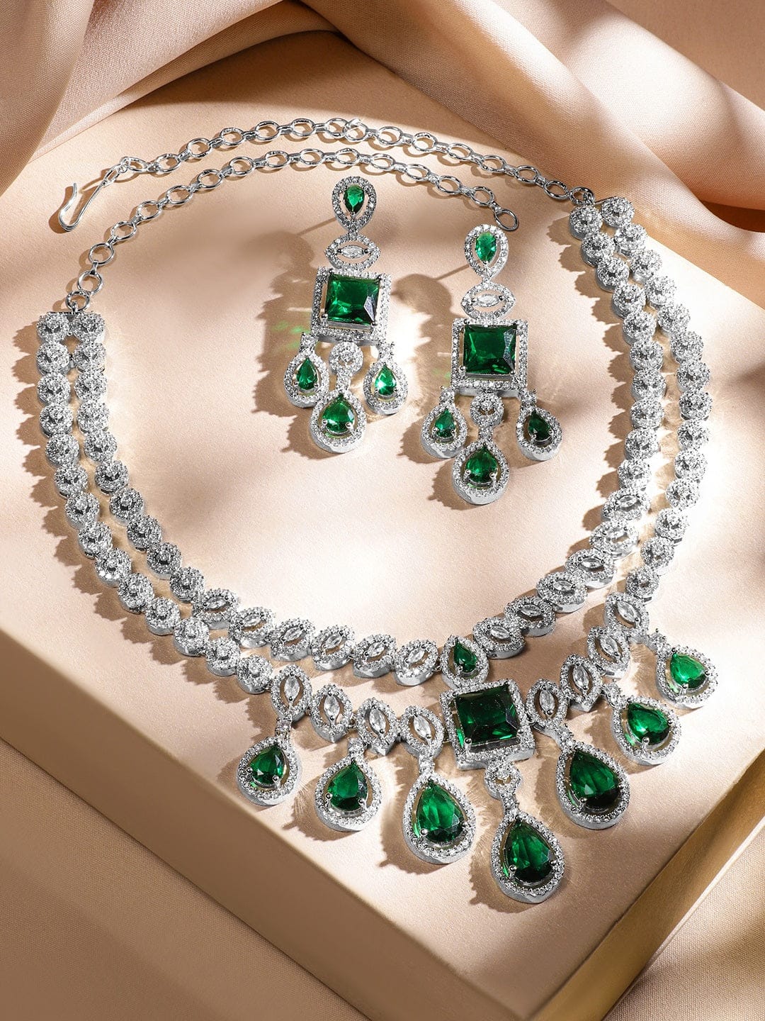 American Diamond Zirconia Layered Green Necklace Set フリーサイズ