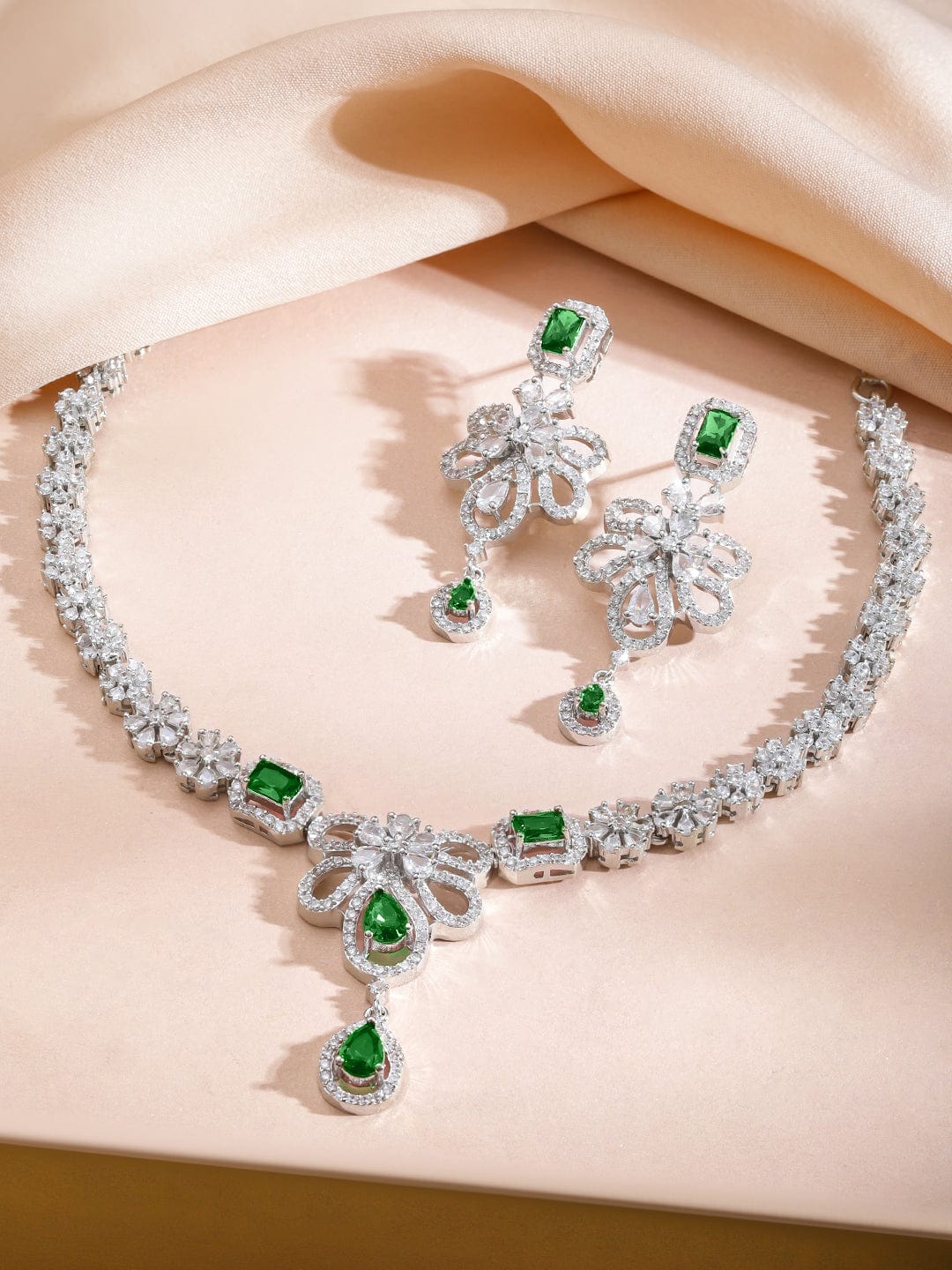 Green American Diamond Zirconia Floral Necklace Set フリーサイズ