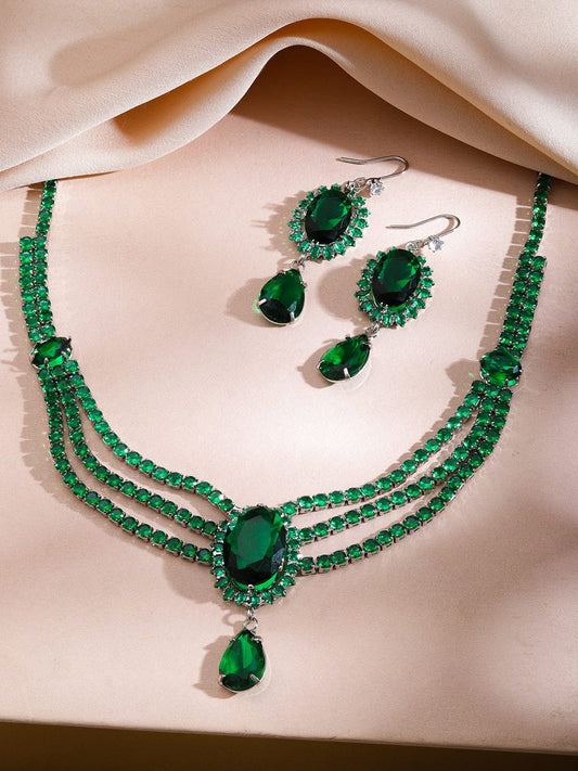 Green Crystal Studded Multi Strand Necklace Set フリーサイズ