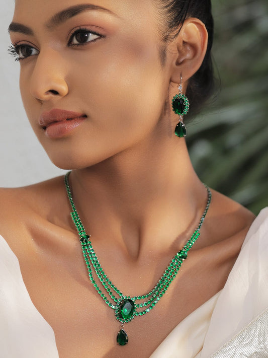Green Crystal Studded Multi Strand Necklace Set フリーサイズ