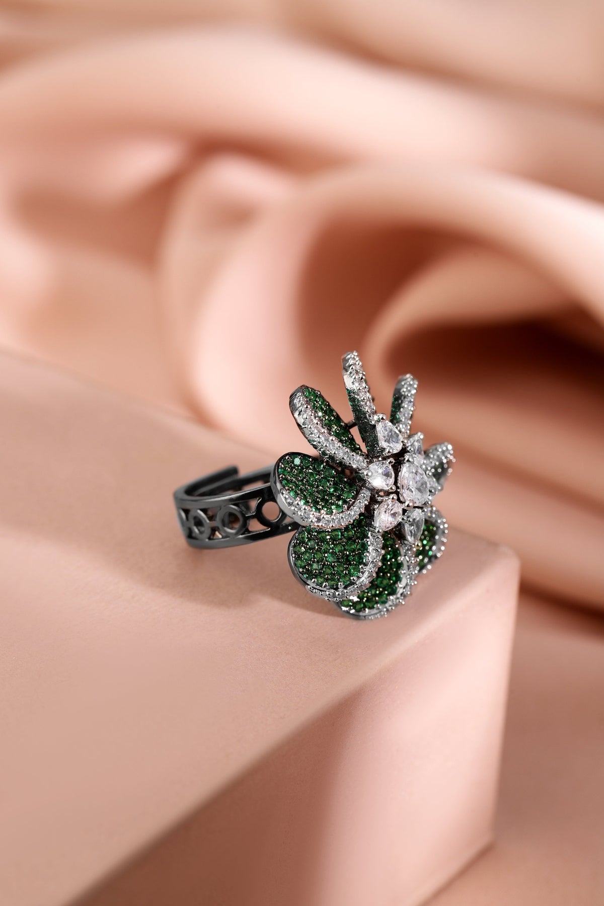 Floral Green American Diamond Zirconia Ring Green