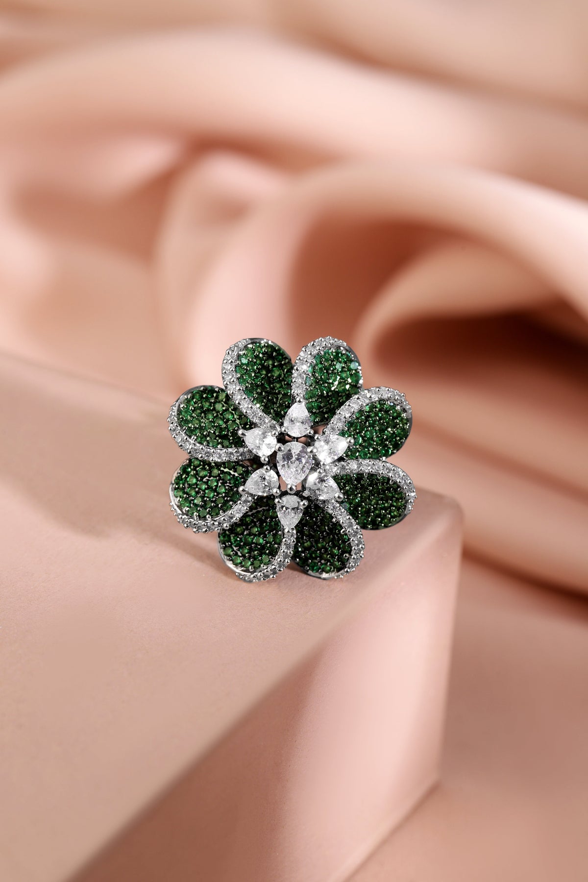 Floral Green American Diamond Zirconia Ring Green