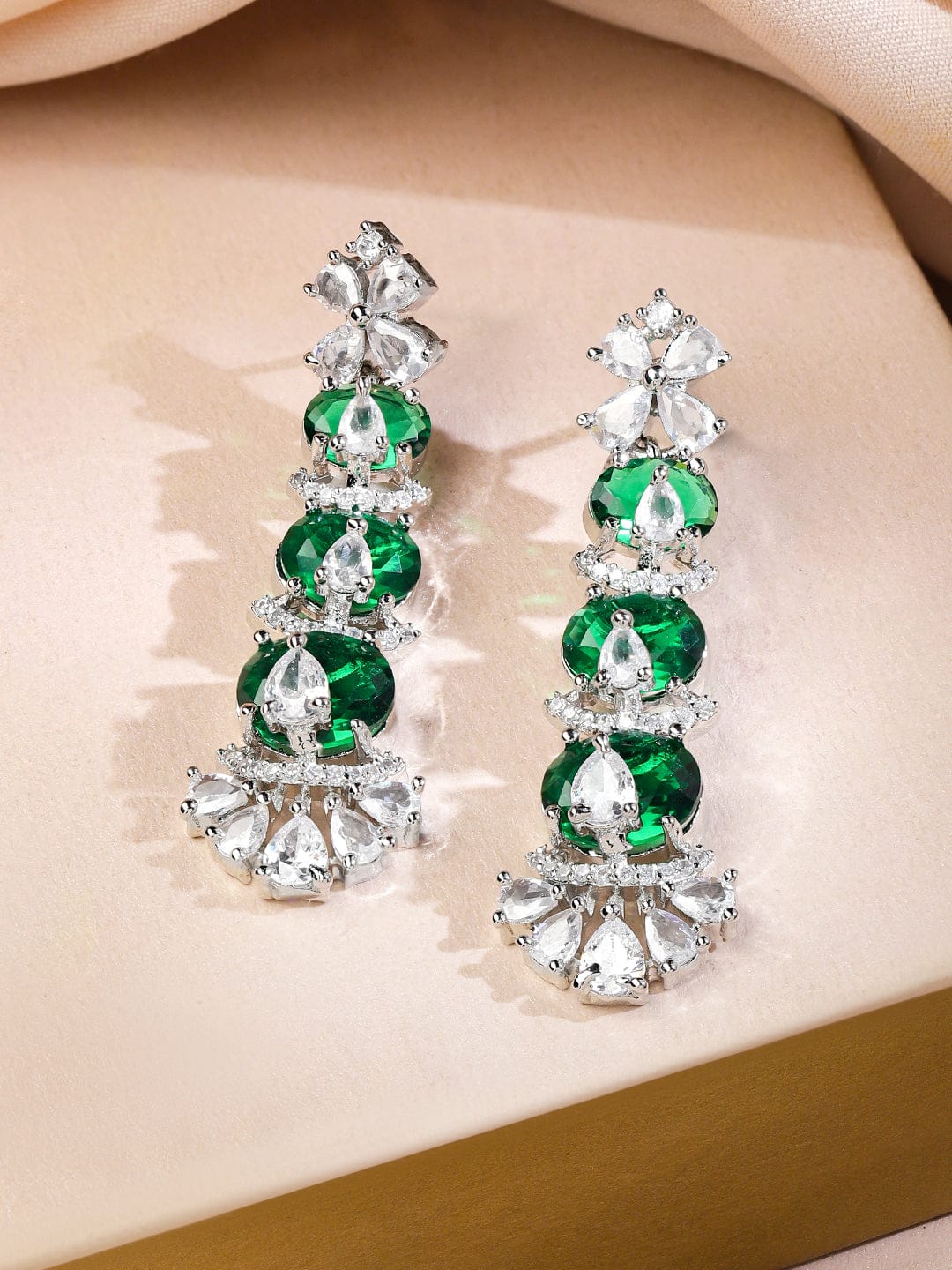 Green Beaded American Diamond Zirconia Floral Necklace Set フリーサイズ