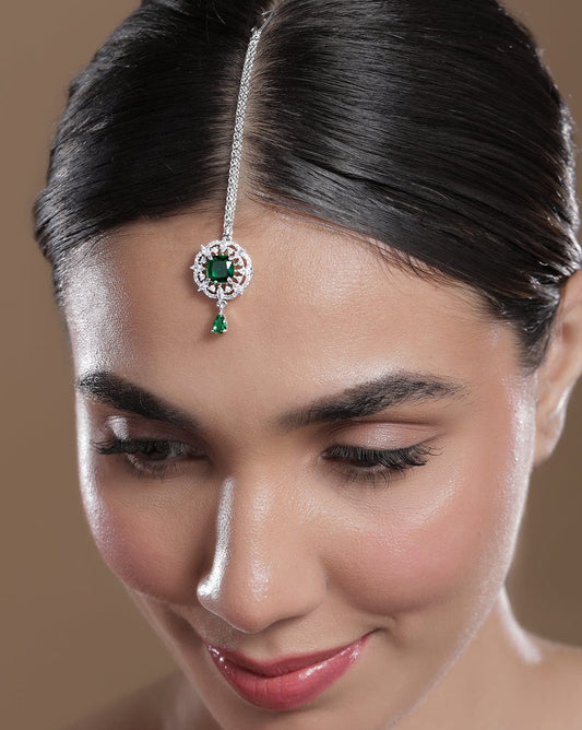 Rubans Rhodium-Plated Emerald Green & Cubic Zirconia Studded Maang Tikka Green