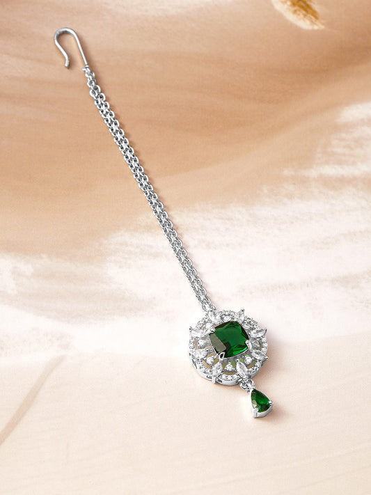 Rubans Rhodium-Plated Emerald Green & Cubic Zirconia Studded Maang Tikka Green