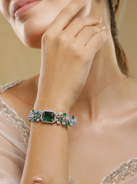 Rubans Rhodium-Plated Emerald Green & Cubic Zirconia Studded Premium Bracelet Silver