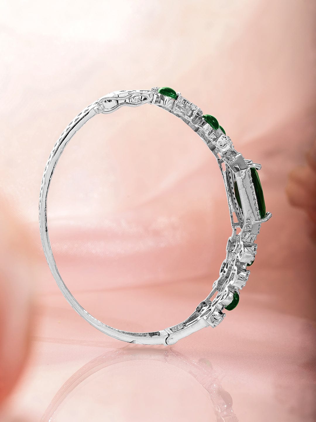 Rubans Rhodium-Plated Emerald Green & Cubic Zirconia Studded Premium Bracelet Silver
