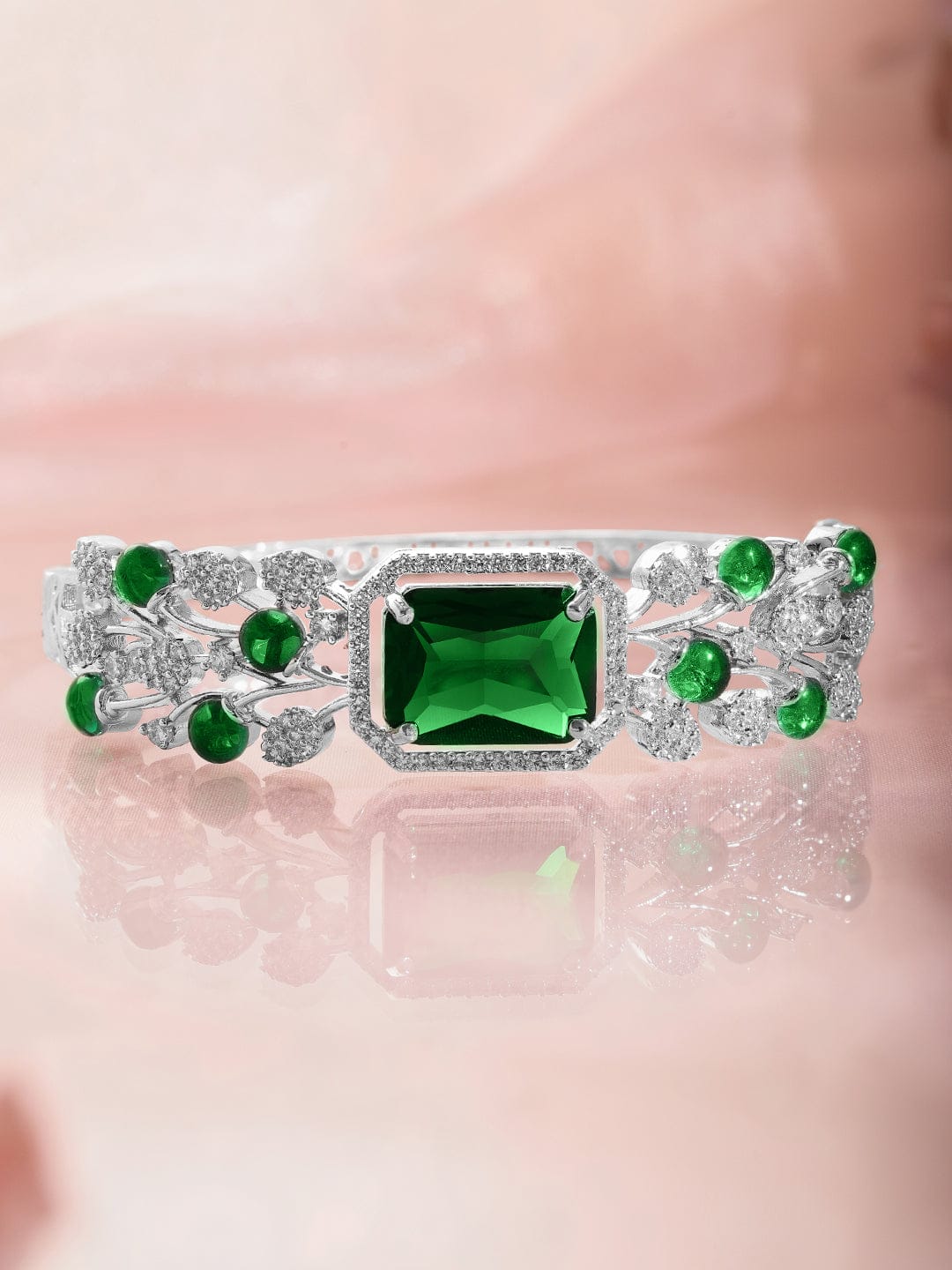 Rubans Rhodium-Plated Emerald Green & Cubic Zirconia Studded Premium Bracelet Silver