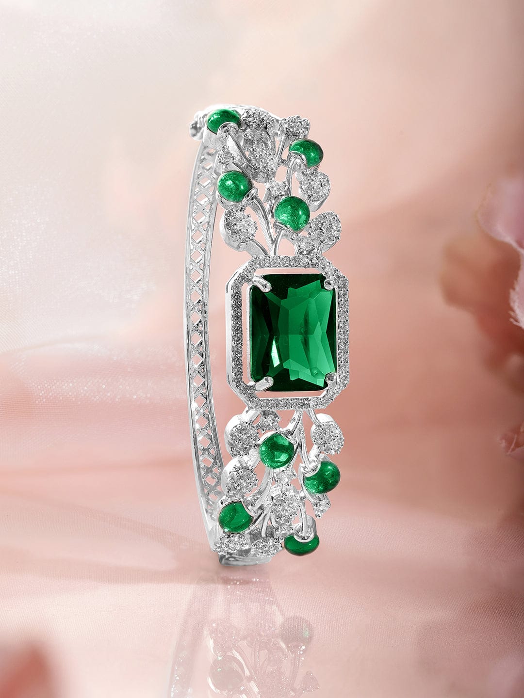 Rubans Rhodium-Plated Emerald Green & Cubic Zirconia Studded Premium Bracelet Silver