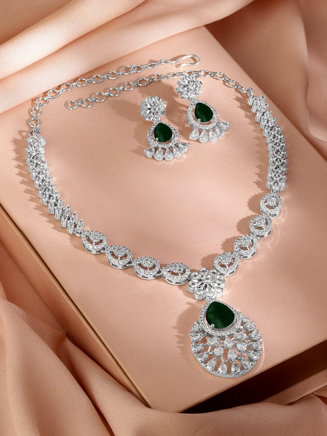 American Diamond Zirconia Emerald Floral Necklace Set Green