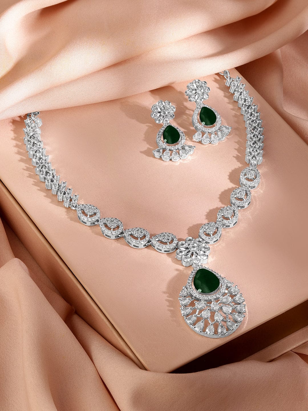 American Diamond Zirconia Emerald Floral Necklace Set Green