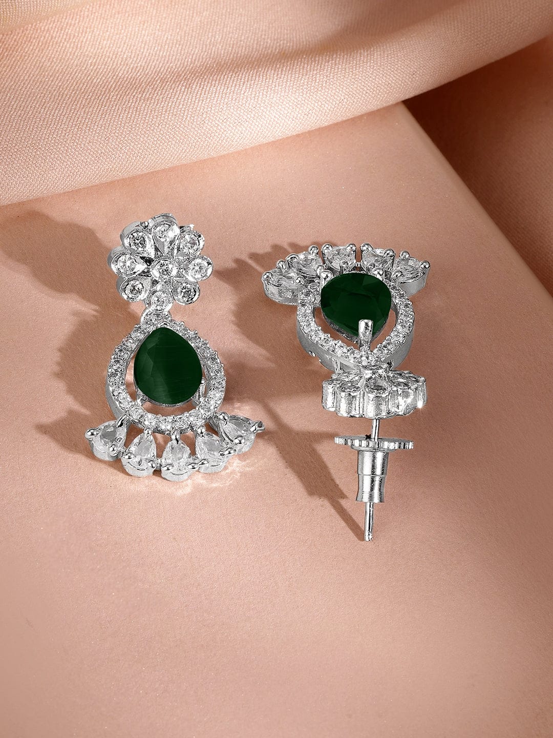 American Diamond Zirconia Emerald Floral Necklace Set Green