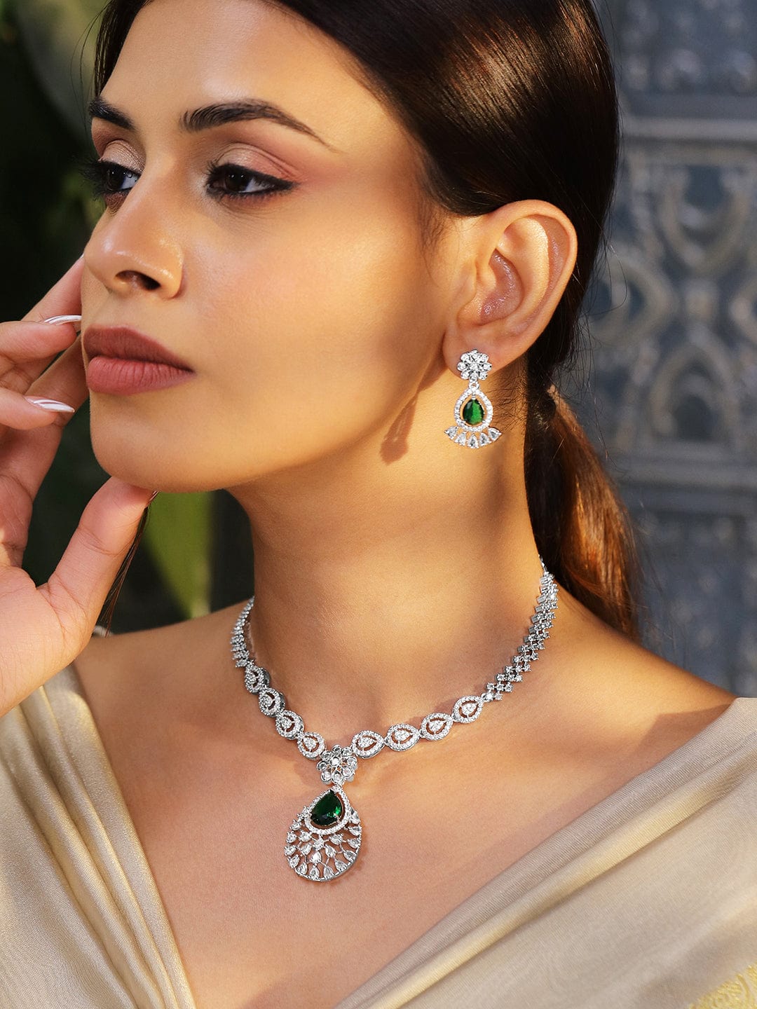 American Diamond Zirconia Emerald Floral Necklace Set Green