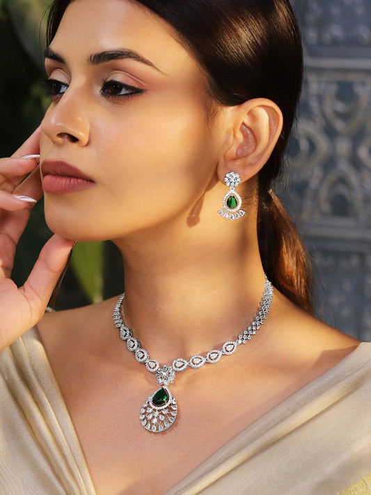 American Diamond Zirconia Emerald Floral Necklace Set Green