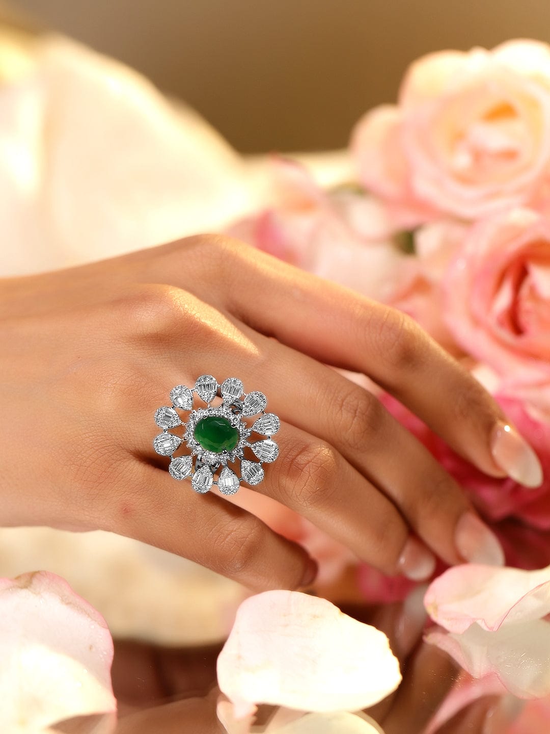 American Diamond Zirconia Green Floral Ring Green